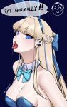  1girl absurdres anger_vein animal_ears arona&#039;s_sensei_doodle_(blue_archive) bare_shoulders blonde_hair blue_archive blue_background blue_bow blue_bowtie blue_eyes blue_hairband blue_leotard bow bowtie breasts candy cleavage detached_collar earpiece earrings fake_animal_ears food food_in_mouth hairband highres jewelry kawanmushi leotard long_hair looking_at_viewer medium_breasts multicolored_hair open_mouth playboy_bunny rabbit_ears saliva sensei_(blue_archive) sexually_suggestive solo speech_bubble streaked_hair stud_earrings toki_(blue_archive) toki_(bunny)_(blue_archive) tongue tongue_out very_long_hair 