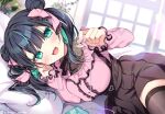  1girl :d black_hair bow breasts brown_skirt brown_thighhighs cellphone center_frills commentary_request double_bun earbuds earphones frilled_bow frills green_eyes green_hair hair_bow hair_bun holding holding_earphones large_breasts long_sleeves lying multicolored_hair on_side original phone pillow pink_bow pink_shirt pleated_skirt puffy_long_sleeves puffy_sleeves shikitani_asuka shirt skirt sleeves_past_wrists smile solo streaked_hair suspender_skirt suspenders thighhighs two_side_up window 