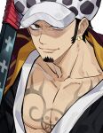  1boy bare_pectorals black_hair brown_eyes chest_tattoo coat collarbone earrings facial_hair goatee hat highres holding holding_sword holding_weapon jewelry long_sideburns looking_at_viewer male_focus mxhxkxcx one_piece open_clothes pectorals shaded_face shirt short_hair sideburns smile smug solo sword tattoo trafalgar_law v-shaped_eyebrows weapon white_background 