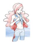  1girl bandana black_shirt blue_jacket blue_pants brown_eyes clothes_in_mouth collarbone cropped_jacket curly_hair faux_traditional_media hkuuu jacket long_hair mouth_hold navel one-hour_drawing_challenge pants pokemon pokemon_(game) pokemon_rse red_hair shelly_(pokemon) shirt solo strapless sugimori_ken_(style) team_aqua tube_top twitter_username white_background 