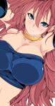  1girl arm_up armpit_crease bare_shoulders blue_eyes blue_tube_top blush breasts brown_hair collarbone detached_sleeves dragon dragon_ball dragon_ball_fighterz ear_piercing earrings embarrassed eyelashes hair_between_eyes highres hoop_earrings jewelry kinakomochi_(user_vedc2333) large_breasts long_hair looking_at_viewer lying midriff_peek neck_ring on_back piercing selfie shy simple_background solo spiked_hair strapless sweat translation_request tube_top 