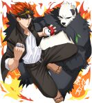  1boy black_jacket black_pants brass_knuckles clenched_hand enjin_(undead_unluck) fire geta highres holding holding_poke_ball jacket mouth_hold pangoro pants poke_ball pokemon red_eyes red_hair shirt shishiruto short_sleeves sideburns undead_unluck weapon white_shirt 