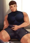  1boy bara bulge clothed_masturbation crotch_grab cum cum_in_clothes cum_through_clothes dark-skinned_male dark_skin erection erection_under_clothes goburin_second highres large_pectorals locker locker_room looking_at_viewer male_focus male_masturbation masturbation muscular muscular_male original paid_reward_available pectorals short_hair sideburns sitting_on_bench solo spread_legs sweat thick_eyebrows thick_thighs thighs wavy_mouth 