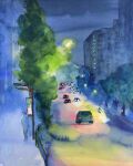  1boy building car city fence highres motor_vehicle motorcycle night night_sky original painting_(medium) road road_sign sakaue111 scenery sign sky street traditional_media tree utility_pole watercolor_(medium) window 