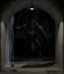  3d_(artwork) anthro blender_(disambiguation) blizzard_entertainment canid digital_media_(artwork) erection first_person_view genitals hi_res knot looking_at_viewer male malfaren_(artist) mammal penis raining solo warcraft were werecanid worgen worgen_with_tail 