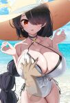  1boy 1girl absurdres beach black_hair blue_archive breasts cleavage criss-cross_halter cross cross_earrings earrings grabbing grabbing_another&#039;s_breast hair_over_one_eye halo halterneck hat hetero highres hinata_(blue_archive) hinata_(swimsuit)_(blue_archive) huge_breasts jewelry long_hair nicorima official_alternate_costume one-piece_swimsuit outdoors pov solo_focus sun_hat swimsuit white_one-piece_swimsuit white_swimcap 