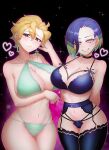  2girls absurdres arm_under_breasts arms_behind_back bikini blonde_hair breasts briar_(pokemon) brown_eyes earrings heart highres jewelry kukyuu_no_ue large_breasts lingerie looking_at_viewer mature_female multicolored_hair multiple_girls navel perrin_(pokemon) pokemon pokemon_(game) pokemon_sv smile starry_background swimsuit underwear yellow_eyes 