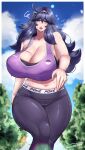  1girl @_@ absurdres ahoge alternate_costume breasts cleavage coolpsyco hairband hex_maniac_(pokemon) highres huge_breasts jewelry leggings lipstick long_hair looking_at_viewer makeup midriff open_mouth outdoors pokemon pokemon_(game) pokemon_xy purple_eyes purple_hair purple_leggings purple_sports_bra ring signature skindentation solo sports_bra sweat thick_thighs thighs watermark workout_clothes 