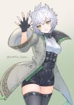  1girl animal_ears breasts cat_ears cat_girl chest_jewel clothing_cutout core_crystal_(xenoblade) crystal diamond_cutout fingerless_gloves gloves highres jacket looking_at_viewer medium_breasts messy_hair na&#039;el_(xenoblade) romper short_hair shorts simple_background smile solo thighhighs thighs waving wide_sleeves xenoblade_chronicles_(series) xenoblade_chronicles_3 xenoblade_chronicles_3:_future_redeemed yanagimachi yellow_eyes 