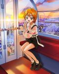  1girl :d amusement_park artist_request black_footwear casual cloud commentary dusk english_commentary eyelashes ferris_wheel ferris_wheel_interior futari_wa_precure happy highres looking_at_viewer misumi_nagisa official_art open_mouth orange_eyes orange_hair precure precure_connection_puzzlun shoes short_hair sitting sky smile solo third-party_source twilight v watch wristwatch 