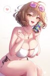  1girl :d ahoge anis_(nikke) anis_(sparkling_summer)_(nikke) bikini breasts brown_eyes brown_hair can collarbone eyepatch_bikini eyewear_on_head goddess_of_victory:_nikke heart holding holding_can huge_breasts looking_at_viewer mitsu_(mitsu_art) navel one_eye_closed open_mouth patreon_username short_hair side-tie_bikini_bottom simple_background smile soda_can solo spoken_heart stomach swimsuit teeth thighs tinted_eyewear upper_teeth_only white_background white_bikini 