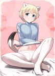  1girl absurdres animal_ears blonde_hair blue_eyes blue_sweater blush brave_witches breasts closed_mouth highres hiroshi_(hunter-of-kct) large_breasts looking_at_viewer navel nikka_edvardine_katajainen pantyhose pink_background short_hair simple_background smile solo sweater tail weasel_ears weasel_tail white_pantyhose world_witches_series 