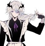  1boy alternate_costume apron arknights black_dress black_gloves braid closed_mouth dragon_boy dragon_horns dress enmaided fingerless_gloves gloves hair_between_eyes hair_intakes horns latte_hnkn long_hair long_sleeves looking_to_the_side maid maid_apron male_focus purple_eyes purple_ribbon puzzle_(arknights) ribbon simple_background solo upper_body white_background white_hair 