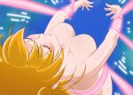  1girl ass blue_background breasts brown_hair butt_crack closed_eyes fresh_precure! fuchi_(nightmare) henshin large_breasts long_hair momozono_love precure solo 