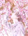  1boy acf_creator arm_up brown_hair closed_eyes collared_shirt day falling_petals flower from_side highres long_sleeves male_focus original outdoors painting_(medium) parted_lips petals pink_flower plum_blossoms shirt short_hair solo spring_(season) standing traditional_media tree upper_body watercolor_(medium) white_shirt 