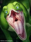  3d_(artwork) ambiguous_gender anterior_nasal_aperture blue_eyes digital_media_(artwork) dinosaur fangs feral green_body green_scales gullet hi_res interceptor looking_at_viewer mouth_shot open_mouth reptile scales scalie teeth theropod throat tongue whiteperson 