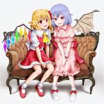  2girls ascot back_bow bat_wings blonde_hair blush bobby_socks bow breasts collared_shirt couch crystal fangs flandre_scarlet frilled_shirt_collar frilled_sleeves frills full_body hair_between_eyes kisaragi_koushi large_bow looking_at_viewer mary_janes medium_hair multicolored_wings multiple_girls nail_polish no_headwear on_couch open_mouth pink_nails pink_shirt puffy_short_sleeves puffy_sleeves purple_hair rainbow_order red_bow red_footwear red_nails red_skirt red_vest remilia_scarlet shirt shoes short_sleeves siblings simple_background sisters sitting skirt skirt_set small_breasts socks touhou v_arms vest white_background white_bow white_shirt white_socks wings yellow_ascot 