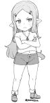  1girl blush closed_mouth crossed_arms full_body granblue_fantasy greyscale hair_ornament harvin jingai_modoki long_hair looking_to_the_side milleore monochrome pointy_ears shirt short_hair short_sleeves shorts solo standing twitter_username x_hair_ornament 