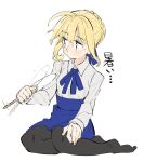  1girl ahoge artoria_pendragon_(fate) black_pantyhose blonde_hair blue_ribbon blue_skirt blush braid braided_bun collared_shirt fanning_self fate/stay_night fate_(series) full_body green_eyes hair_bun hair_ribbon hand_fan high-waist_skirt highres hot looking_to_the_side neck_ribbon pantyhose paper_fan ribbon saber shirt sidelocks simple_background sitting sketch skirt solo sweat tenoo12 white_background 