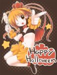  1girl bangs black_bra black_cape black_footwear blonde_hair blush bow bowtie bra brown_background brown_eyes candy cape commentary_request crown emurin flat_chest food full_body halloween happy_halloween holding holding_candy holding_food holding_lollipop lollipop looking_at_viewer midriff navel one_eye_closed open_mouth orange_bloomers original pointing red_bow red_bowtie red_cape shoes short_hair smile solo star_(symbol) swirl_lollipop two-sided_cape two-sided_fabric underwear wrist_cuffs 