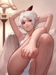  1girl absurdres ahoge arm_behind_head armpits arms_up ass barefoot bed_sheet biting bra breasts feet foot_focus foot_out_of_frame haoyihe highres holding holding_eyewear lamp lip_biting lying mushoku_tensei on_back panties pointy_ears red_eyes short_hair small_breasts soles solo sylphiette_(mushoku_tensei) thighs toes underwear white_bra white_hair white_panties 