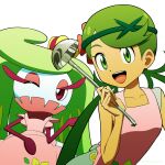  2girls apron bare_arms bare_shoulders collarbone colored_skin crown dark-skinned_female dark_skin eyeshadow flower green_eyes green_hair green_headband grey_overalls hair_flower hair_ornament headband highres holding holding_ladle kuroki_shigewo ladle long_hair makeup mallow_(pokemon) mini_crown monster_girl multicolored_skin multiple_girls one_eye_closed overall_shorts overalls pink_apron pink_eyeshadow pink_flower plant_girl pokemon pokemon_(anime) pokemon_(creature) pokemon_sm_(anime) purple_thighhighs sleeveless spoon swept_bangs teeth thighhighs tri_tails tsareena twintails two-tone_skin upper_teeth_only white_skin 