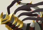  absurdres black_sclera colored_sclera commentary_request from_side giratina giratina_(origin) grey_background highres horns illust_bye no_humans pink_eyes pokemon pokemon_(creature) solo spikes 
