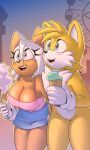  absurd_res amusement_park amusement_ride anthro bat big_breasts blush bottomwear breasts candy canid canine cleavage clothed clothing cotton_candy dessert duo female food fox gloves handwear hi_res ice_cream krazyelf male male/female mammal miles_prower rouge_the_bat sega skirt sonic_the_hedgehog_(series) 