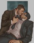  2boys alternate_costume bara beard_stubble black_hair call_of_duty call_of_duty:_modern_warfare_2 closed_eyes couple delusionships feet_out_of_frame ghost_(modern_warfare_2) highres husband_and_husband imminent_kiss jewelry male_focus mask_lift mature_male multiple_boys muscular muscular_male mustache_stubble necktie necktie_grab neckwear_grab pectorals ring short_hair sitting soap_(modern_warfare_2) suit thick_eyebrows undercut wedding_ring yaoi 