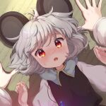  1girl 1other animal_ears black_dress blush capelet dress grey_capelet grey_hair highres iris_anemone jewelry long_sleeves looking_at_viewer mouse_ears nazrin open_mouth pendant red_eyes shirt short_hair solo_focus tatami touhou twitter_username white_shirt yukadon 