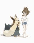  1girl absurdres antenna_hair bare_arms barefoot brown_hair eyelashes hands_in_pockets high_ponytail highres hilda_(pokemon) long_hair looking_down mokuzou_(moku_ssbu) mouth_hold pokemon pokemon_(creature) pokemon_(game) pokemon_bw shirt short_shorts shorts signature standing stoutland tank_top toes white_background white_shirt 