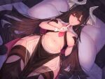  1girl black_hair breasts dutch_angle gloves horns long_hair lying moco_(moco_28) monster_girl navel on_back original pasties pillow pink_eyes pointy_ears smile solo very_long_hair white_gloves wrist_cuffs 