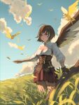  1girl absurdres ahoge belt bird blue_sky breasts brown_eyes brown_hair brown_skirt brown_wings cleavage cleavage_cutout clothing_cutout cloud day feathers field gloves grass highres hololive hololive_english knife looking_at_viewer medium_breasts multicolored_hair nanashi_mumei outdoors owl partially_fingerless_gloves seventeencrows sheath sheathed single_wing skirt sky solo standing streaked_hair twitter_username virtual_youtuber wings 