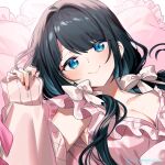  black_hair blue_eyes bow breasts cleavage commentary_request hair_bow long_hair low_twintails miyukiyo nijisanji onomachi_haruka pillow red_nails smile twintails virtual_youtuber white_bow 