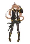  1girl :3 absurdres animal_ears black_ribbon black_skirt blush boots brown_hair brown_tail cat_ears cat_tail commentary cross-laced_footwear fingerless_gloves full_body furrification furry furry_female girls&#039;_frontline gloves gun h&amp;k_ump hair_ornament hair_ribbon hairclip hand_on_own_ear highres holding holding_gun holding_weapon jacket knee_pads long_hair long_sleeves looking_at_viewer midriff_peek mutugorou_u neck_ribbon open_mouth pantyhose red_eyes ribbon scar scar_across_eye scar_on_face shirt skirt smile solo submachine_gun tail trigger_discipline twintails ump9_(girls&#039;_frontline) weapon white_shirt yellow_armband 