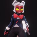  anthro clothing gun helluva_boss horn imp latex male moxxie_(helluva_boss) moxxie_(valorlynz) ranged_weapon red_body red_bow_tie rubber suit weapon yellow_eyes 