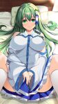  1girl absurdres bed blue_skirt blush breasts collared_shirt come_hither commission detached_sleeves frog frog_hair_ornament green_eyes green_hair hair_ornament hair_tubes highres indoors kochiya_sanae large_breasts long_hair looking_at_viewer lying nontraditional_miko on_bed origami_aya pillow shirt single_hair_tube skeb_commission skirt sleeveless smile snake snake_hair_ornament spread_legs touhou white_shirt 