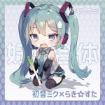  1girl black_footwear black_skirt black_sleeves blue_hair blue_necktie blush boots chibi chinese_commentary commentary_request cosplay detached_sleeves fairyfloss full_body grey_background grey_eyes grey_shirt hair_ornament hatsune_miku hatsune_miku_(cosplay) headphones hiiragi_kagami long_hair looking_at_viewer lucky_star medium_bangs necktie open_mouth seiza shirt sitting skirt sleeveless sleeveless_shirt solo spring_onion sweatdrop thigh_boots translation_request twintails very_long_hair vocaloid 
