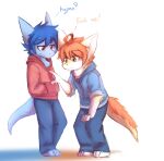  anthro arm_tuft blue_bottomwear blue_clothing blue_hair blue_hoodie blue_pants blue_topwear bottomwear clothed clothing dragon duo elbow_tuft fur furred_dragon hair hi_res hoodie kutto kuttoyaki male mouth_closed narrowed_eyes orange_body orange_eyes orange_fur orange_hair orange_tail pants red_clothing red_eyes red_hoodie red_topwear simple_background standing tail topwear tuft white_background white_body white_fur yellow_body yellow_fur yellow_tail 