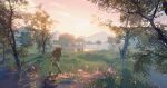  blue_tunic brown_hair fern gradient_sky grass highres link maionese mountainous_horizon nature plant running scenery shield_on_back sky sun the_legend_of_zelda the_legend_of_zelda:_breath_of_the_wild tree wetland wide_shot 