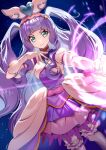  1girl aqua_eyes commentary_request cure_majesty dress elbow_gloves ellee-chan eyelashes gloves hair_ornament happy highres hirogaru_sky!_precure long_hair looking_at_viewer magical_girl piyopuni0521 precure purple_background purple_dress purple_hair smile solo standing thighhighs thighs very_long_hair white_gloves 