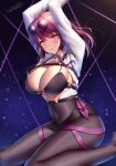  1girl blush breasts highres honkai:_star_rail honkai_(series) kafka_(honkai:_star_rail) large_breasts long_hair long_sleeves looking_at_viewer pantyhose purple_eyes purple_hair smile solo thighs wsman 