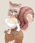  anthro big_breasts big_tail bottomwear breasts brown_body brown_bottomwear brown_clothing brown_fur brown_hair brown_skirt cleavage clothed clothing clothing_lift digital_media_(artwork) female fullpillow_(artist) fur green_eyes hair hi_res huge_breasts looking_at_viewer mammal multicolored_body multicolored_fur open_mouth rodent sciurid shirt signature simple_background skirt smile solo standing tail tan_body tan_fur teeth text thick_thighs topwear tree_squirrel white_background white_clothing white_shirt white_topwear wide_hips 