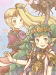  2girls blonde_hair blue_background crossover english_commentary fire_emblem fire_emblem:_three_houses flower gradient_background green_eyes green_hair hair_flower hair_ornament highres kid_icarus kid_icarus_uprising looking_at_viewer multiple_girls open_mouth petals pointy_ears ponytail saya_(lelulinna) smile sothis_(fire_emblem) staff tiara viridi 