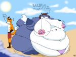  2018 3_toes 4:3 5_fingers anthro areola barefoot batspid2 beach belly big_areola big_belly big_breasts big_butt big_nipples biped black_eyes black_nose blue_body blue_fur bottomwear breasts brown_body brown_fur brown_hair butt canid canine cel_shading chloe_(batspid2) clothing cloudscape dialogue digital_drawing_(artwork) digital_media_(artwork) double_chin duo emanata english_text exclamation eyebrows eyelashes facial_tuft feet female fingers flabby_arms flash_emanata fox fox_tail front_view full-length_portrait fur gloves_(marking) hair hand_on_breast huge_areola huge_breasts huge_butt huge_nipples huge_thighs hyper hyper_belly hyper_breasts hyper_butt hyper_hips hyper_thighs ineffective_clothing leg_markings looking_at_another male mammal markings max_(batspid2) morbidly_obese morbidly_obese_anthro morbidly_obese_female motion_lines multicolored_body multicolored_fur navel nipple_outline nipples obese obese_anthro obese_female orange_body orange_fur overweight overweight_anthro overweight_female pink_areola pink_nipples portrait puffy_nipples purple_clothing red_clothing sea seaside shaded shorts shorts_only sibling_(lore) side_view signature sky slim_anthro slim_male smile socks_(marking) standing sun swimwear text thick_thighs three-quarter_view tight_clothing toes water white_body white_fur 