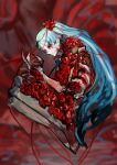  1girl angela_(project_moon) barefoot blood blood_vessels blue_hair bone claws doll_joints e.g.o_(project_moon) hair_ornament heart_(organ) heart_of_aspiration highres joints library_of_ruina long_hair nishikujic project_moon red_theme ribs solo very_long_hair 