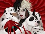  101_dalmatians 1girl ashva black_hair blonde_hair claws cosplay crossover cruella_de_vil cruella_de_vil_(cosplay) danny_(jojo) dio_brando dog eyelashes fur_coat genderswap genderswap_(mtf) gloves highres jewelry jojo_no_kimyou_na_bouken licking_lips looking_at_viewer makeup medium_hair multicolored_hair phantom_blood red_background red_eyes red_gloves red_lips ring slit_pupils stitches tongue tongue_out two-tone_hair upper_body 