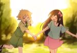  aubrey_(omori) basil_(omori) black_footwear black_hair blonde_hair blue_shirt closed_eyes expandmari field forest green_pants green_shirt hair_ribbon nature omori pants pink_ribbon pink_skirt ribbon running shirt shoes skirt walking 