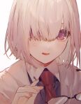  1girl albino_(a1b1n0623) close-up collared_shirt eyewear_removed fate/grand_order fate_(series) glasses hair_over_one_eye highres holding holding_removed_eyewear light_purple_hair looking_at_viewer mash_kyrielight necktie parted_lips purple_eyes red_necktie shirt short_hair simple_background solo sweatdrop white_background 