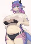  2023 anthro artist_name belly big_breasts blue_eyes blush blush_lines breasts clothed clothing dragon female fingers hair hi_res horn lanya_(shian) long_hair multicolored_hair shian shirt simple_background solo tail thick_thighs topwear two_tone_hair white_background white_clothing white_shirt white_topwear wingless_dragon 